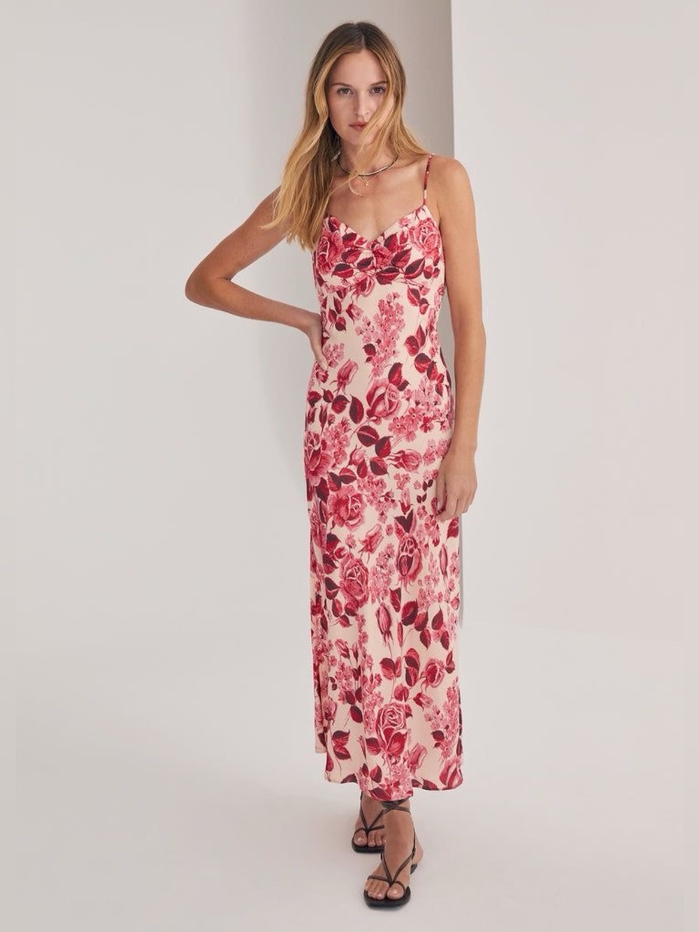 Favorite Daughter The Envy Slip Midi Dress Satin Floral Pink Rose Multi